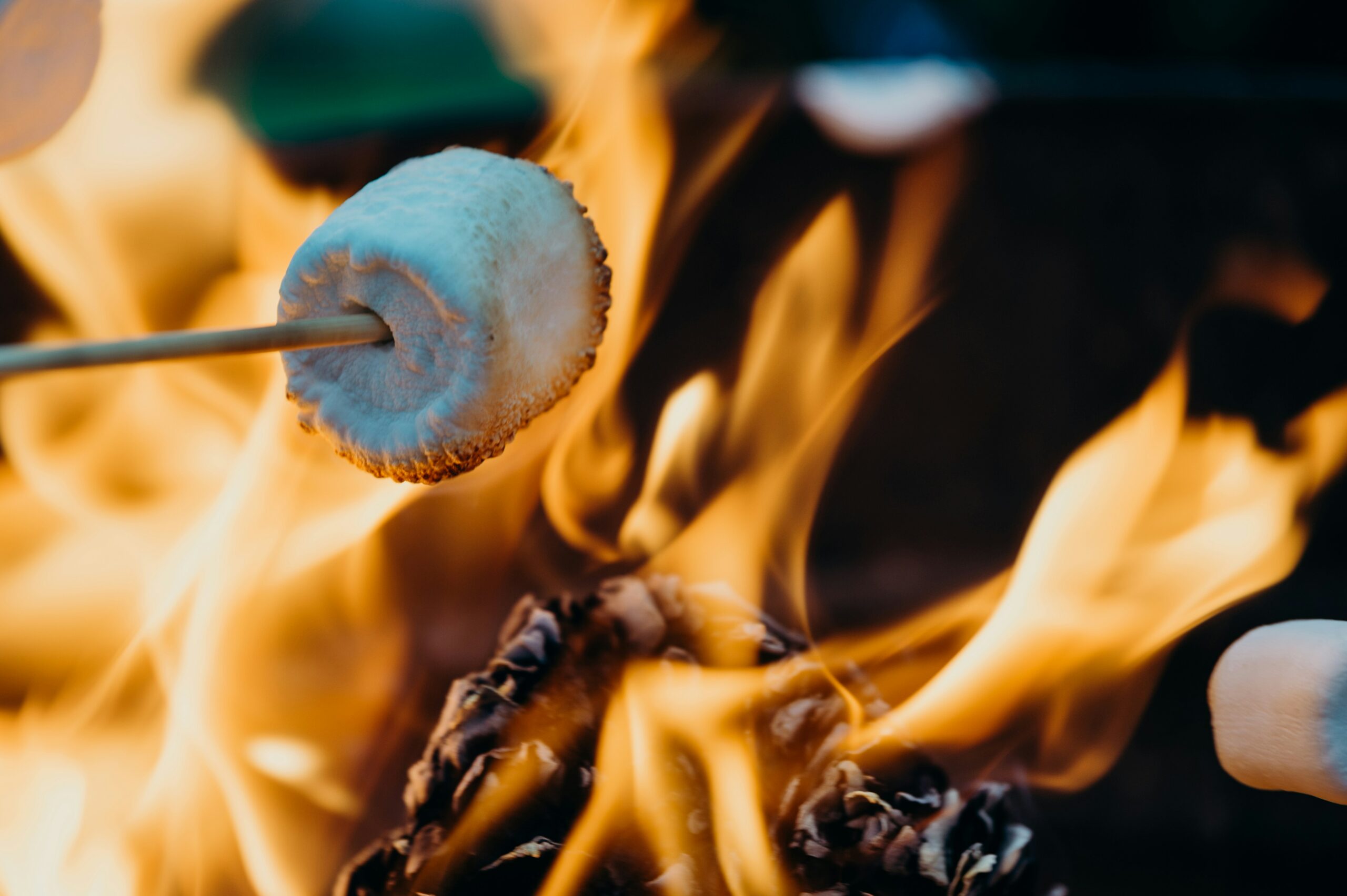 A closeup of a marshmallow being roasted over a campfire.